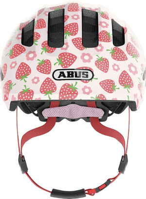 Abus Smiley 3.0 LED Rose Strawberry. Cykelhjelm til barn og baby med jordbærmotiv og LED lygte bagpå