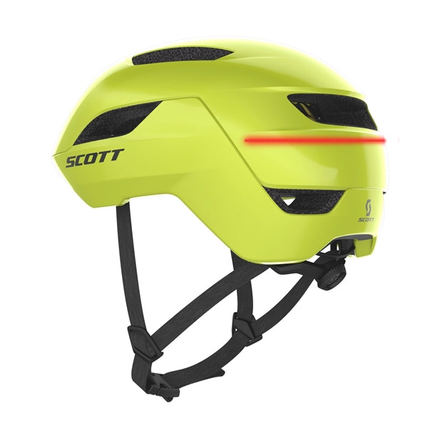 Scott La Mokka Plus Radium Yellow. Gul city cykelhjelm med Mips, LED og Fidlock